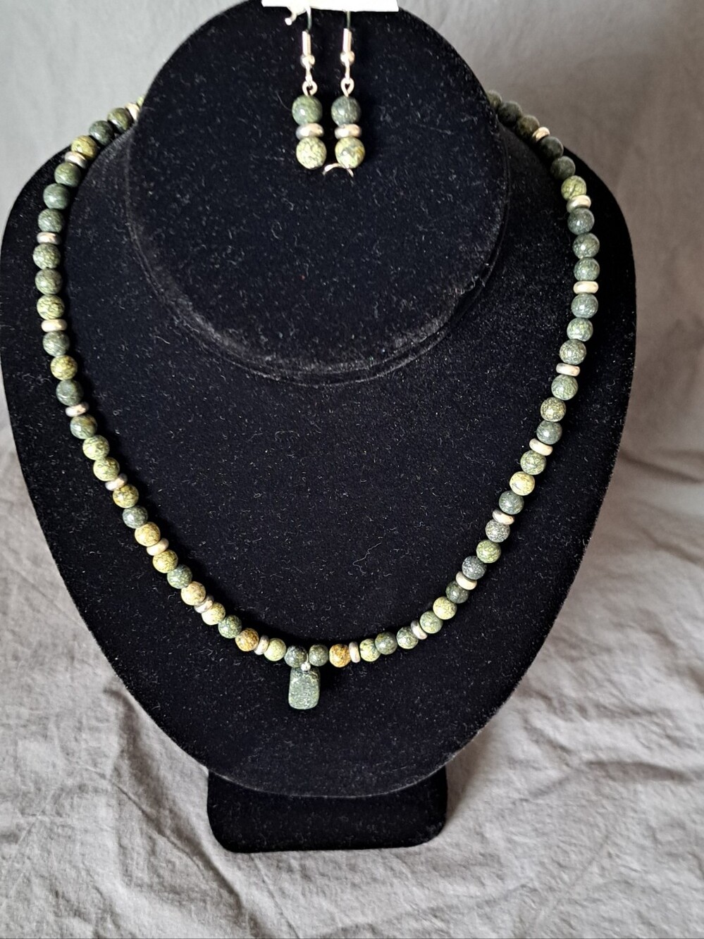 Green And Grey Stone Bead Necklace and Earring Set - Natural Beads